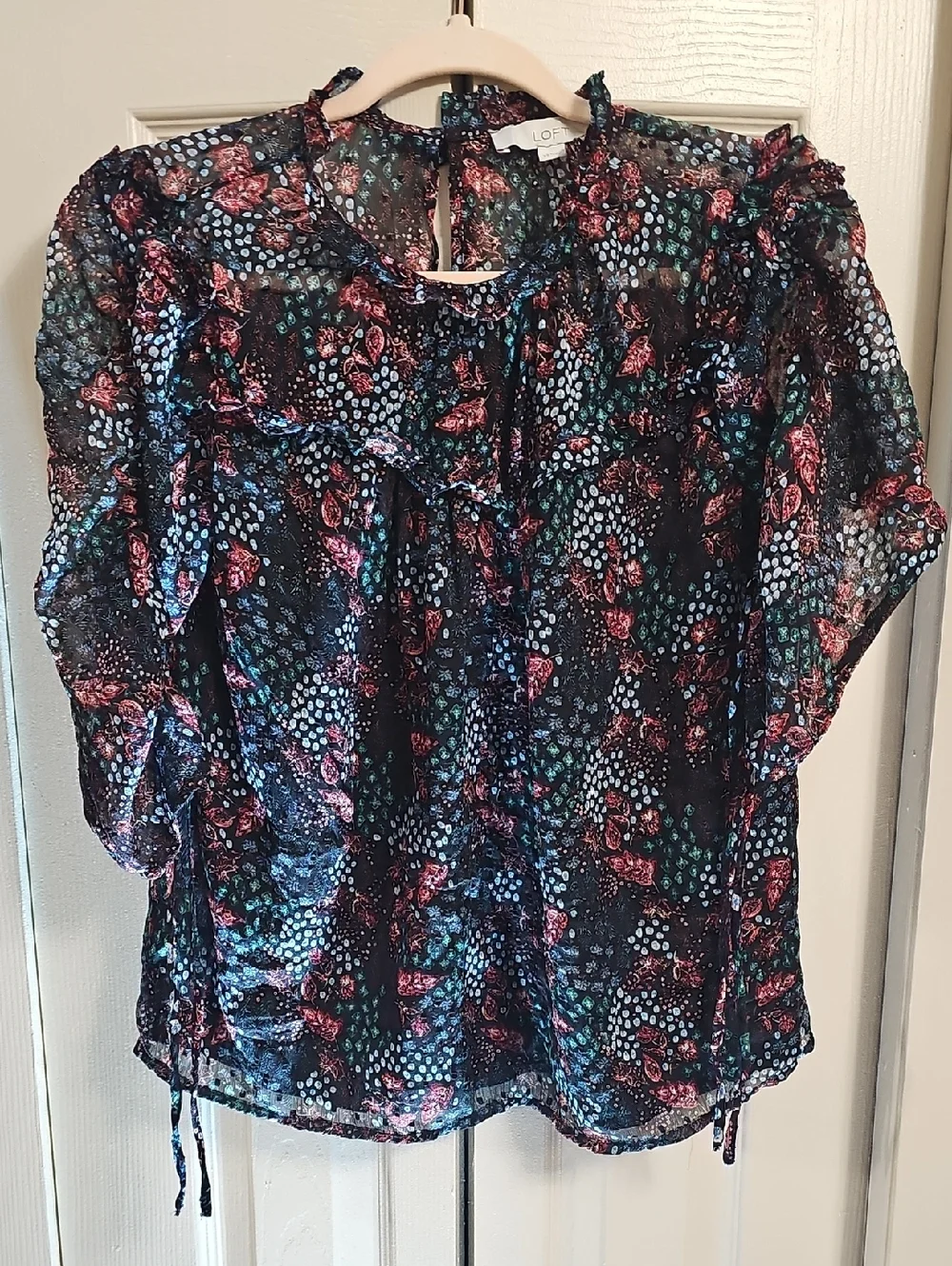 LOFT Black Sheer Floral Ruffle Blouse with Pink & Teal Accents